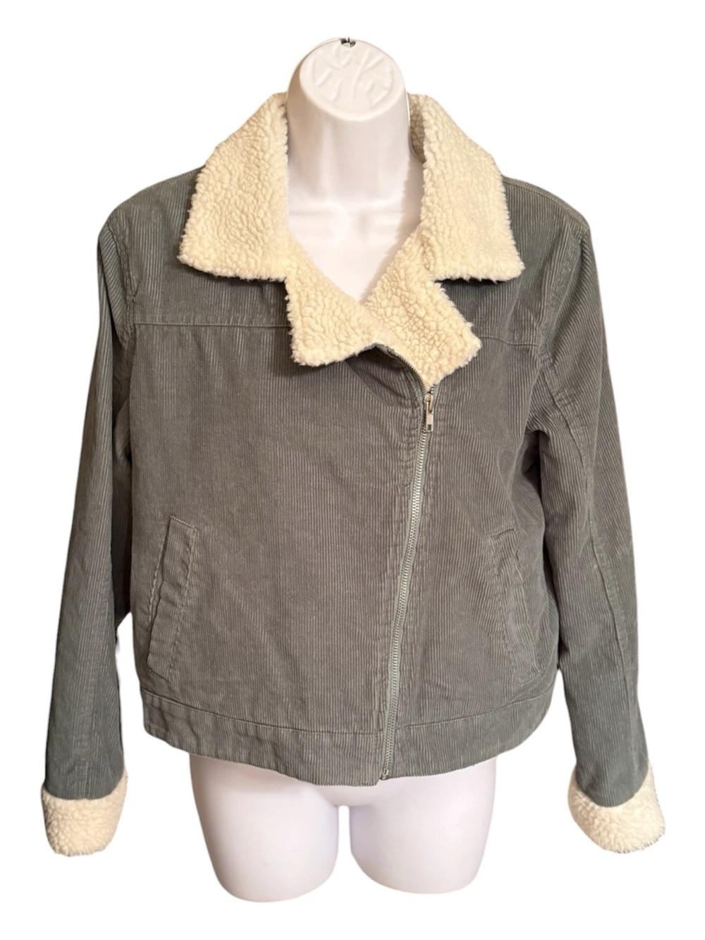 Forever 21 Corduroy Sherpa Moto Jacket Womens S Mint Green Cropped NWT